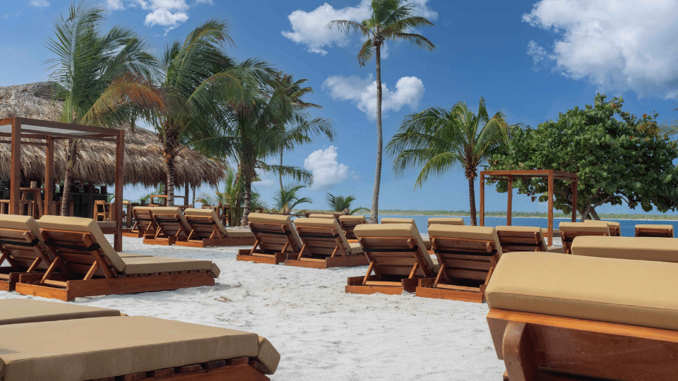 Beach chairs at a beach with a blue sky - Chogogo